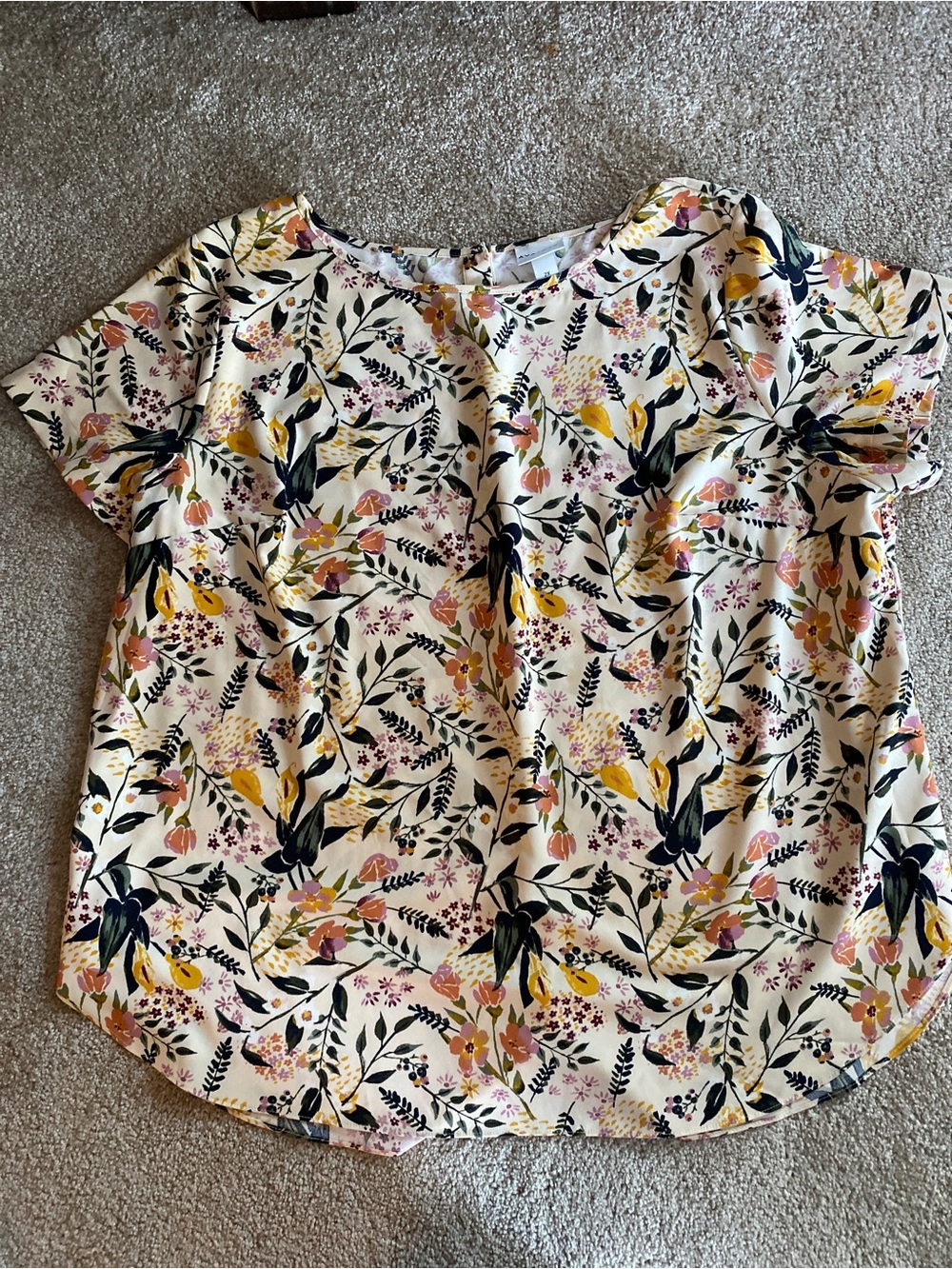 Ava Viv Floral Short-Sleeve Blouse in Cream with Mustard & Black Accents